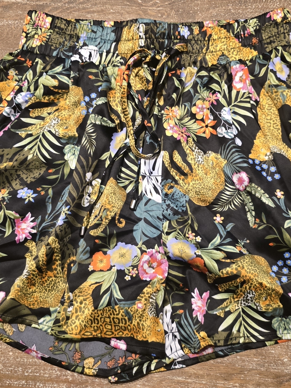 Womens Black Floral & Leopard Print Drawstring Blouse And Short